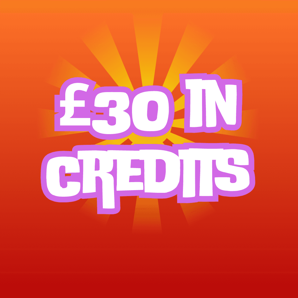 Graphic displaying the text £30 in credits with a colorful background and sunburst effect.